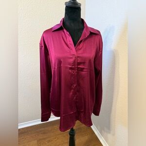 Fifty Street Merlot Color Satin Button Up Blouse Size Small